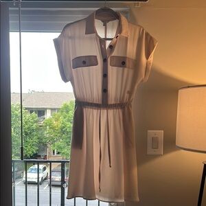 Cream Button-Down Tie Waist Dress
